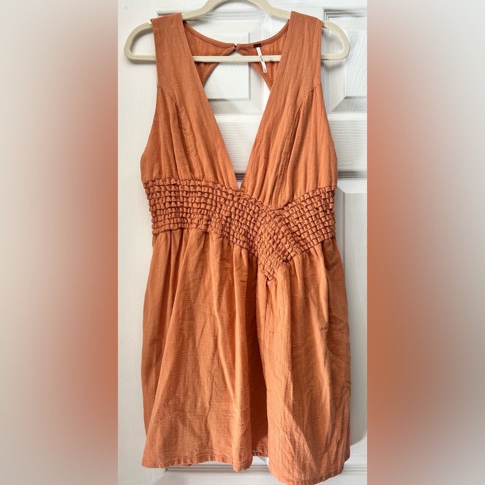 Free People Burnt Orange Smocked Open Back Mini Dress Size M